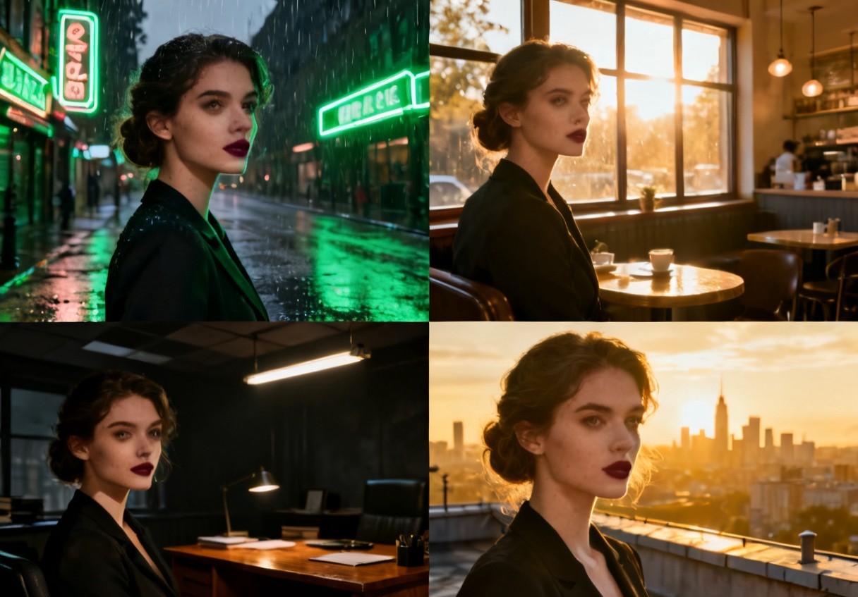 同一位演员在雨夜霓虹街头、日光咖啡馆、黑色电影办公室与黄昏天台四个场景中保持一致
