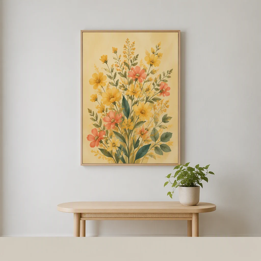 暖黄色花卉插画的细木框挂画挂在边桌上方的墙面上