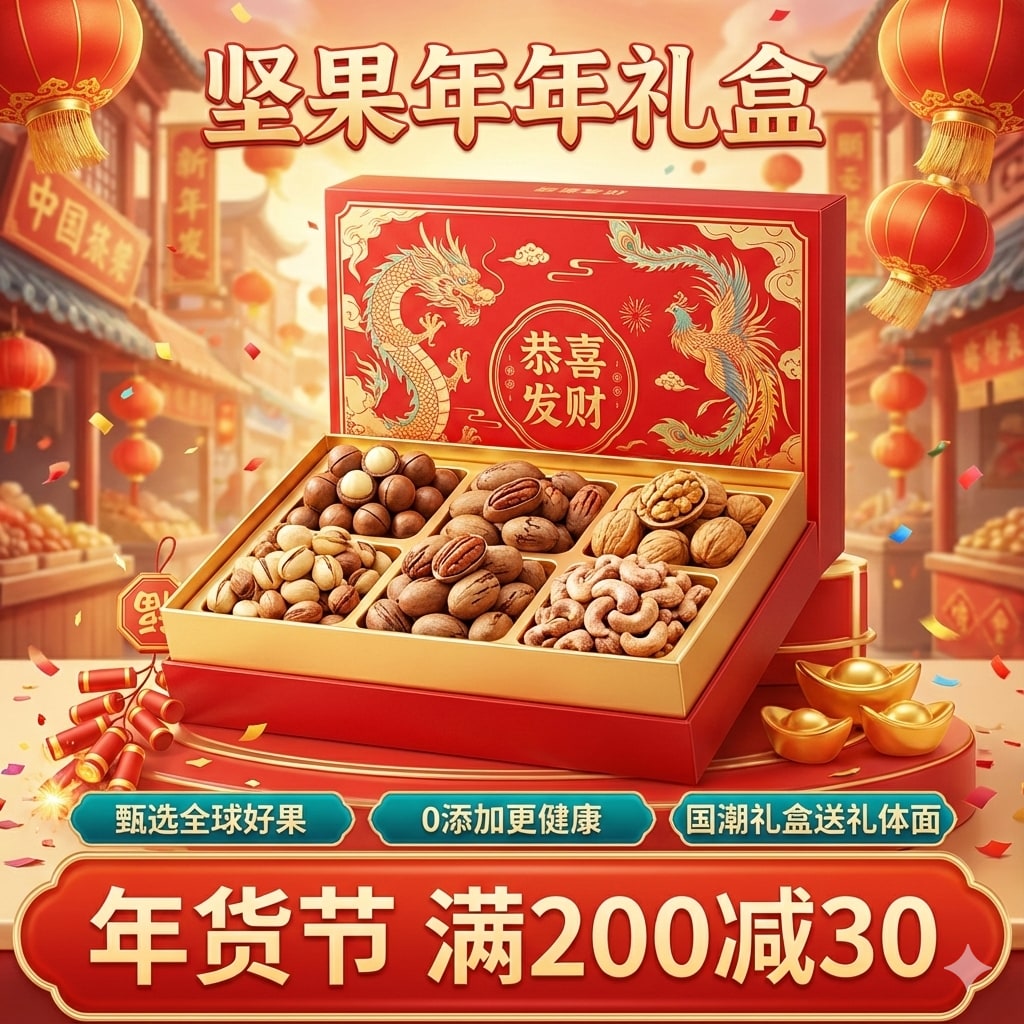 坚果礼盒年货节满减中文促销图模板
